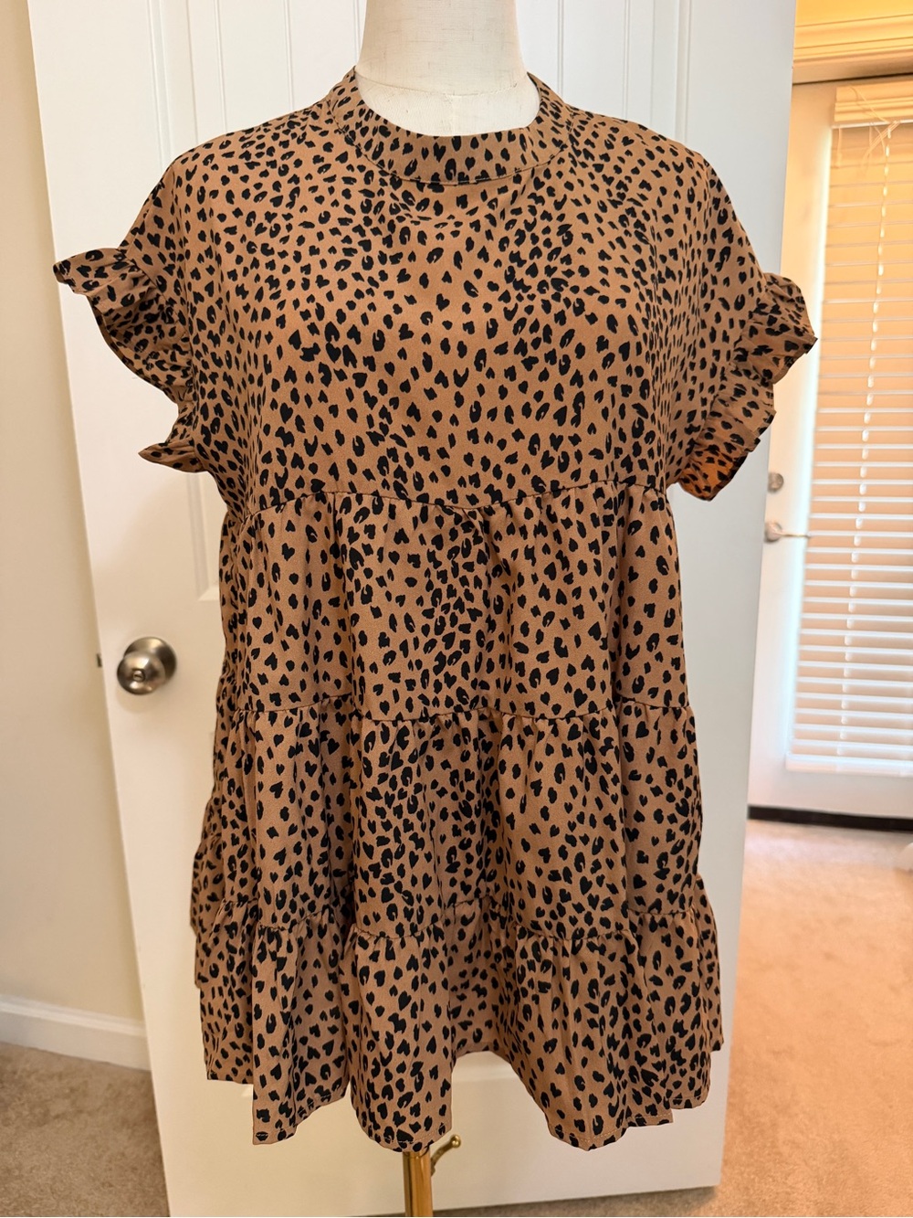 Petal Roz Leopard Print Ruffled Babydoll Blouse - Tan/Black Sz Large